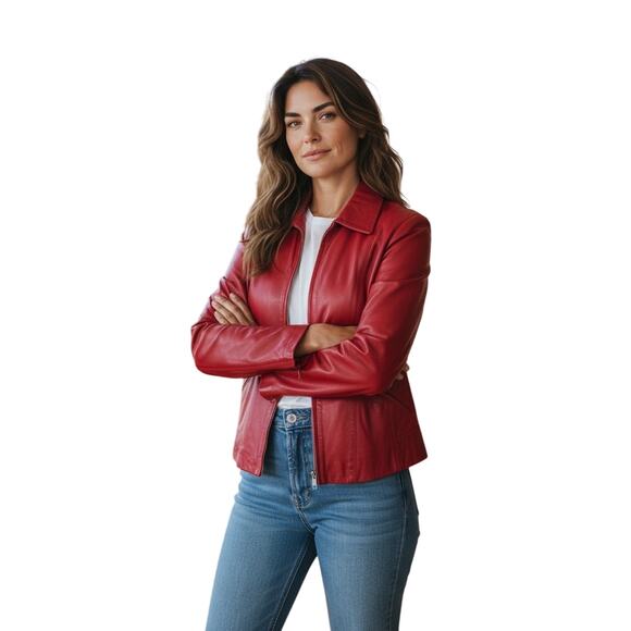 Athos Italian Red Leather Jacket Women Size 44, US Size 8 - Picture 1 of 9